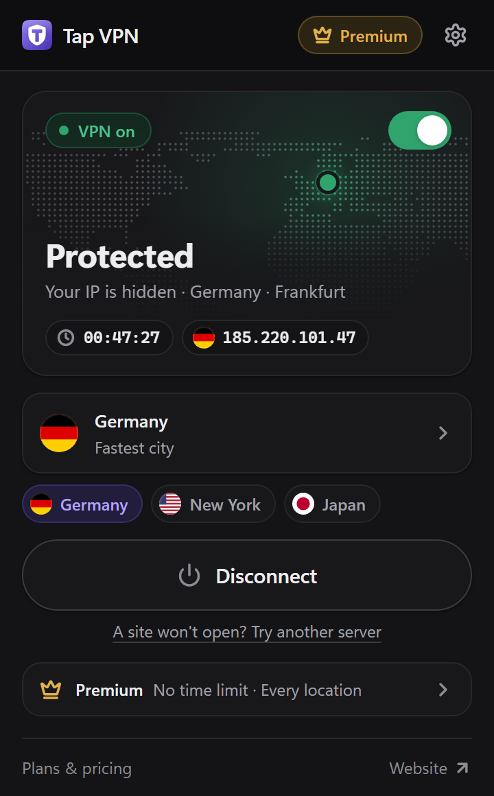 Tap VPN popup in dark theme, connected to Germany and showing Protected in green