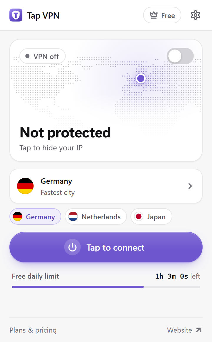 Tap VPN popup in light theme, not connected, with the world map and the Tap to connect button