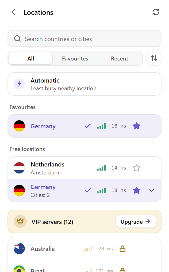 Tap VPN locations list with Automatic at the top, free France servers and VIP countries