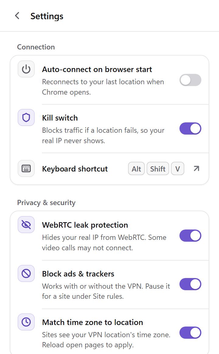 Tap VPN settings screen with auto-connect, keyboard shortcut, right-click menu and theme options