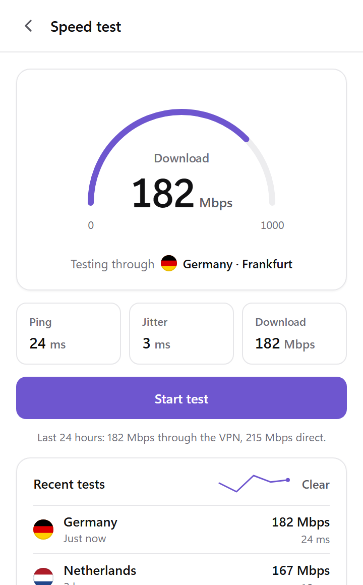 Tap VPN speed test screen showing download speed, ping and recent tests